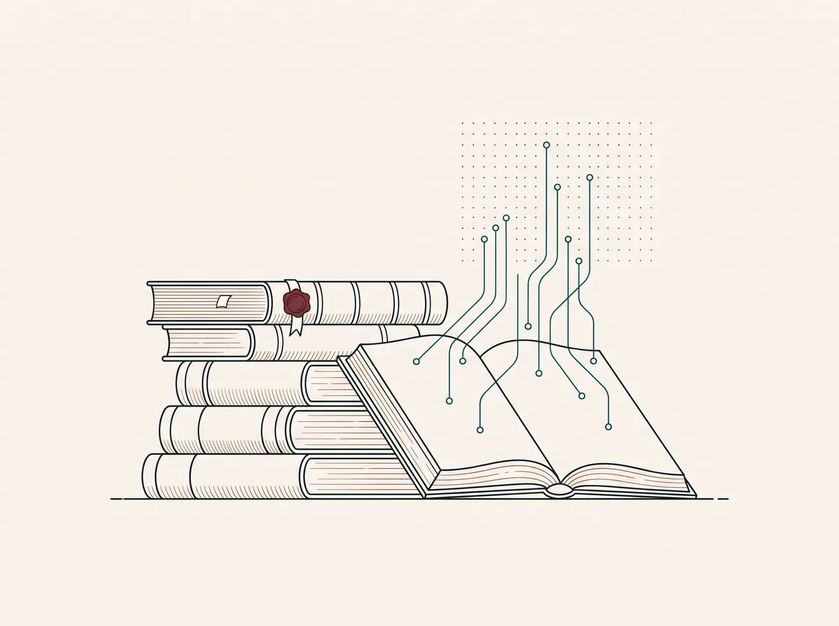 Tomos jurídicos y libro abierto indexándose en una red de datos